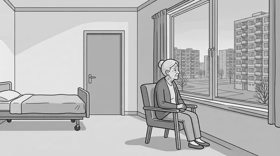 Illustratie van een oudere vrouw die alleen bij een raam zit in een zorginstelling, met flats in de verte.