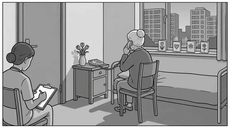 Illustratie van een kamer waarin een oudere vrouw, op de rug gezien, telefoneert terwijl een medewerker verderop bij de deur zit