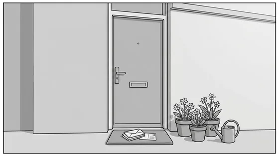 Illustration: the front door of a Dutch terraced house with well-tended flowers on the doorstep, a watering can and neatly stacked mail on the mat.