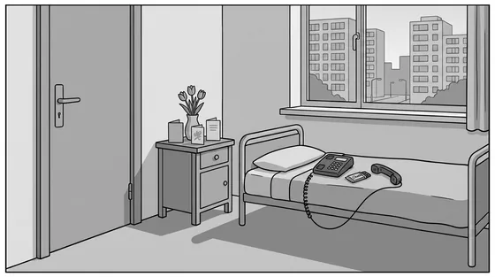 Illustratie van dezelfde kamer in de zorginstelling: een telefoon op het bed met de hoorn ernaast, daarnaast een reep chocolade; tulpen en kaarten op het nachtkastje. Een impressie, geen foto van de werkelijke situatie.