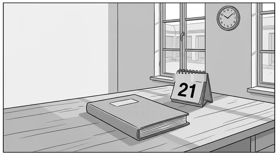 Illustratie van een bureau met een gesloten dossier en een kalender op de eenentwintigste, met een klok aan de muur en licht door een hoog raam. Een impressie, geen foto van de werkelijke situatie.