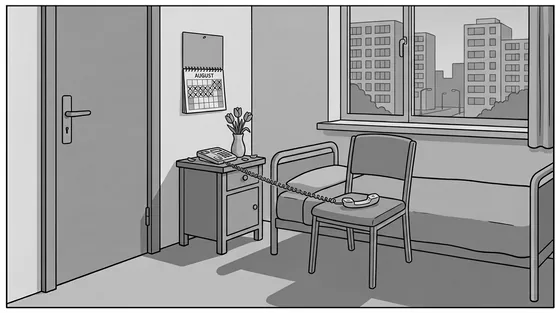 Illustratie van dezelfde kamer in de zorginstelling op een zondagmiddag: de hoorn van de telefoon ligt op een lege stoel bij het raam, het snoer gespannen vanaf het nachtkastje met de tulpen; aan de muur een kalender met doorgestreepte dagen. Een impressie, geen foto van de werkelijke situatie.