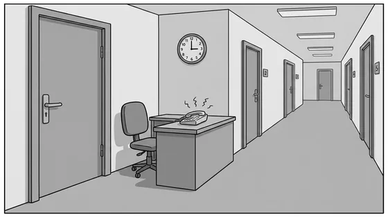 Illustratie van een gang in een zorginstelling: een rinkelende telefoon op een leeg bureau bij een terzijde geschoven stoel, met gesloten deuren op de achtergrond. Een impressie, geen foto van de werkelijke situatie.