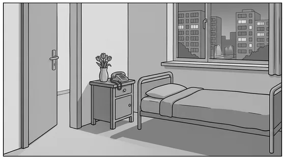 Illustratie van dezelfde kamer in de zorginstelling in de avond: een onaangeroerde telefoon naast de tulpen op het nachtkastje, de deur op een kier met licht uit de gang. Een impressie, geen foto van de werkelijke situatie.