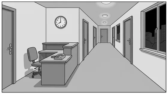 Illustratie van dezelfde gang in de zorginstelling, nu in de avond: een stille telefoon op een leeg bureau, de stoel terzijde, de klok op half negen, gesloten deuren in het donker. Een impressie, geen foto van de werkelijke situatie.
