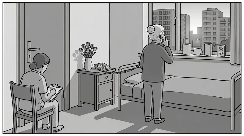 Illustratie van een kamer waarin een oudere vrouw, op de rug gezien, staand bij het raam telefoneert terwijl een medewerker bij de deur zit te schrijven